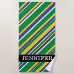 [ Thumbnail: Flag of Brazil Inspired Colored Stripes Pattern Beach Towel ]