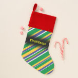 [ Thumbnail: Flag of Brazil Inspired Colored Stripes Pattern Christmas Stocking ]