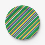 [ Thumbnail: Flag of Brazil Inspired Colored Stripes Pattern Paper Plates ]