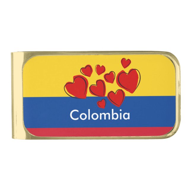 Flag of Colombia with red heart Gold Finish Money Clip (Front)