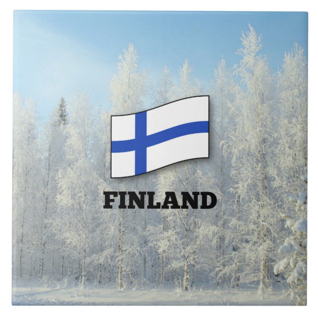 Flag of Finland, Snow landscape, Ceramic Tile (Front)