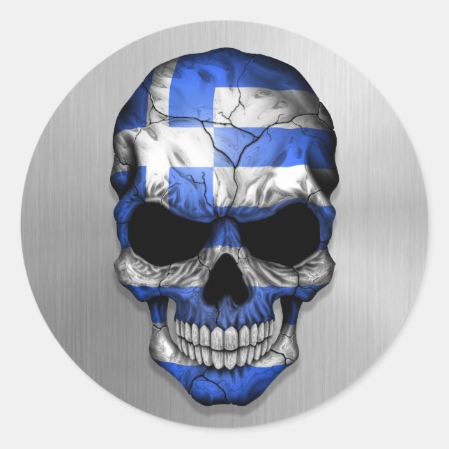 Flag of Greece on a Steel Skull Graphic Classic Round Sticker (Front)