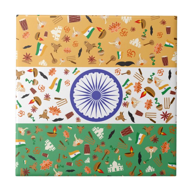 Flag of India with cultural items Ceramic Tile (Front)