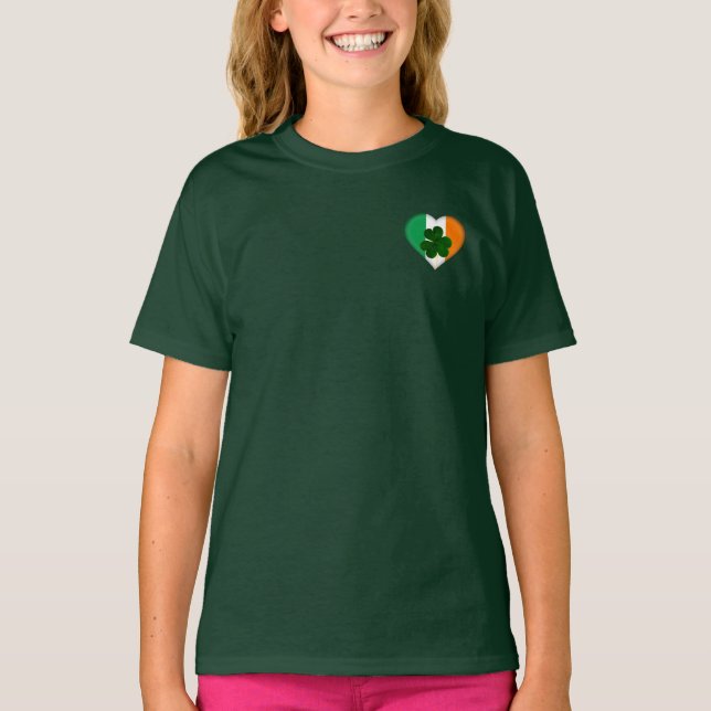 Flag of Ireland Heart with Shamrock St. Patrick T-Shirt (Front)