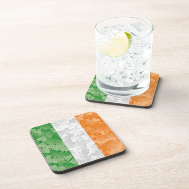 Flag of Ireland with shamrocks pattern Beverage Coaster (Right Side)