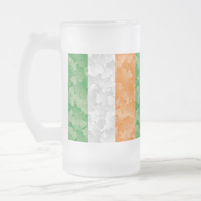 Flag of Ireland with shamrocks pattern Frosted Glass Beer Mug (Left)
