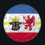 Flag of Mecklenburg-Western Pomerania Dartboard<br><div class="desc">Dartboard with variant flag of Mecklenburg-Western Pomerania; design with five horizontal stripes of red,  white,  blue and yellow,  and with illustrations of bull’s head and red eagle</div>