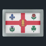 Flag of Montreal, Quebec Belt Buckle<br><div class="desc">Belt Buckle with the flag of Montreal,  the most populous city in the province of Quebec,  Canada. A white flag with a red cross,  a white pine,  a blue Fleur-de-lys,  a red Rose of Lancaster,  a shamrock,  and a thistle</div>