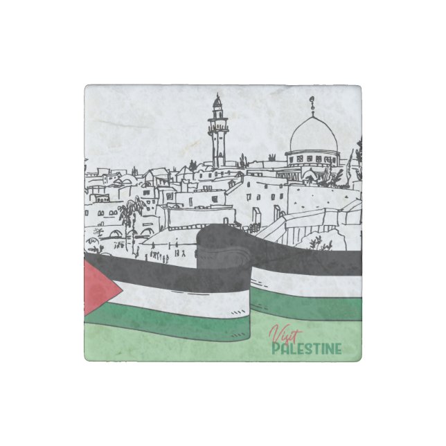 Flag of Palestine and old houses drawn by hand Stone Magnet (Front)