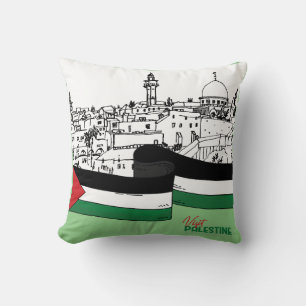 Flag of Palestine and old houses drawn by hand Throw Pillow