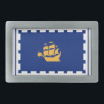 Flag of Quebec City Belt Buckle<br><div class="desc">Belt Buckle with the flag of Quebec City, the capital city of Quebec, Canada. A blue flag with a white outline and a yellow ship in the center</div>