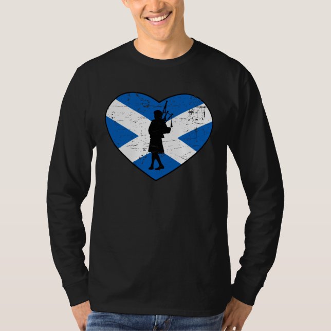 Flag of Scotland Heart Bagpipe Player Silhouette T-Shirt (Front)
