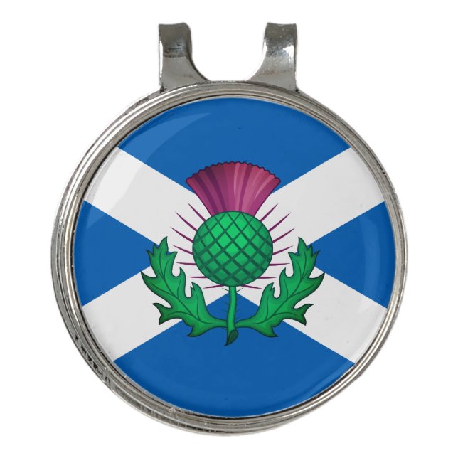 Flag of Scotland with Thistle superimposed Golf Hat Clip (Front)