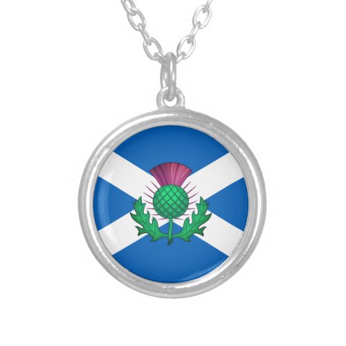 Flag of Scotland with Thistle superimposed Silver Plated Necklace