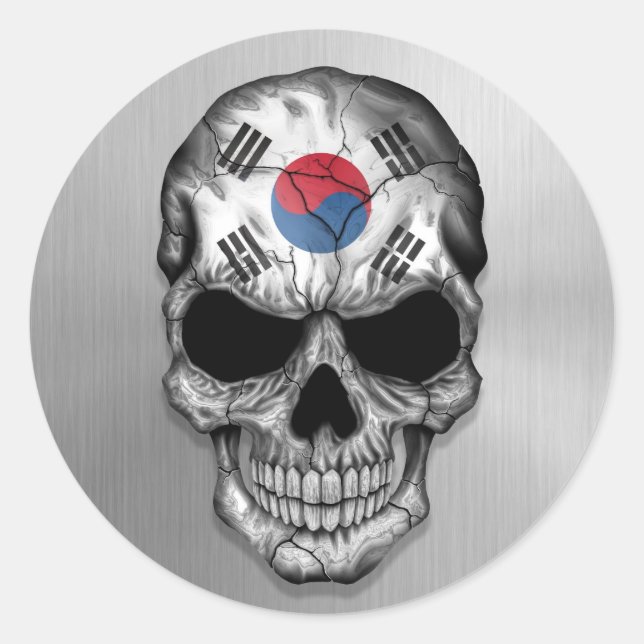 Flag of South Korea on a Steel Skull Graphic Classic Round Sticker (Front)