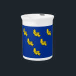 Flag of Sussex Beverage Pitcher<br><div class="desc">Pitcher with a flag of historic county of Sussex,  in England,  Great Britain; blue flag with six gold martlets</div>
