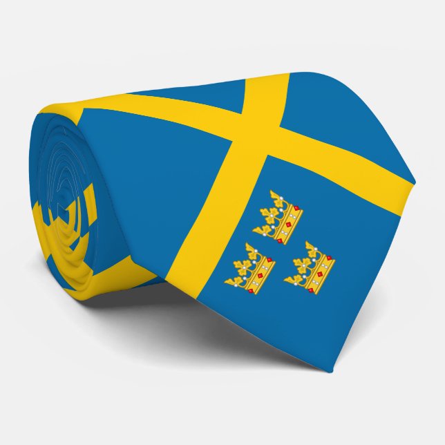 Flag of Sweden with Three Crowns of Sweden added Neck Tie (Rolled)