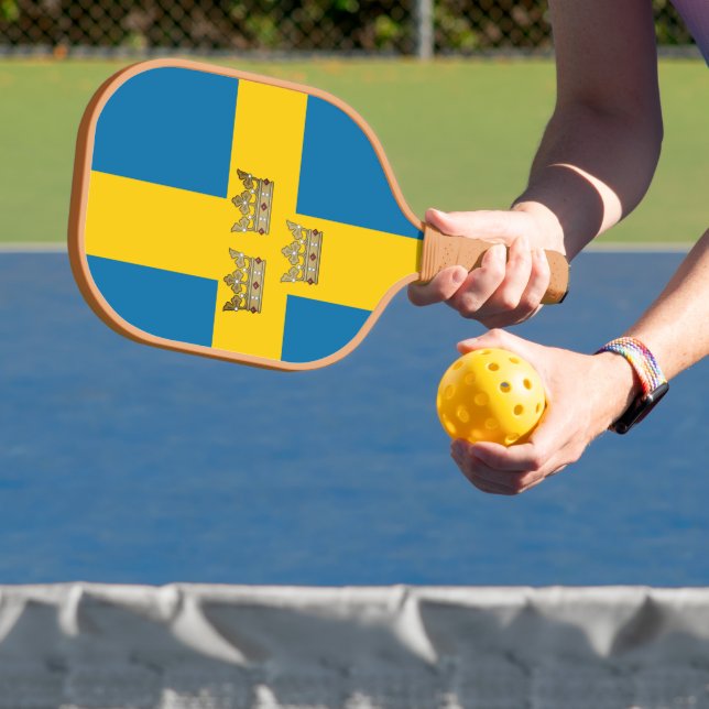 Flag of Sweden with Three Crowns of Sweden added Pickleball Paddle (Insitu)