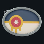 Flag of Tulsa, Oklahoma Belt Buckle<br><div class="desc">Belt Buckle with a design with the flag of Tulsa,  Oklahoma. A beige and navy blue flag with a gold Osage shield containing a red circle and a beige six-pointed star</div>