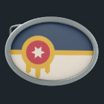 Flag of Tulsa, Oklahoma Belt Buckle<br><div class="desc">Belt Buckle with a design with the flag of Tulsa, Oklahoma. A beige and navy blue flag with a gold Osage shield containing a red circle and a beige six-pointed star</div>