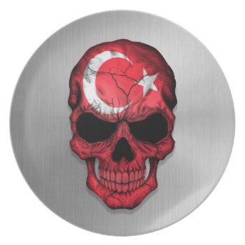 Flag Of Turkey On A Steel Skull Graphic Melamine Plate by JeffBartels at Zazzle