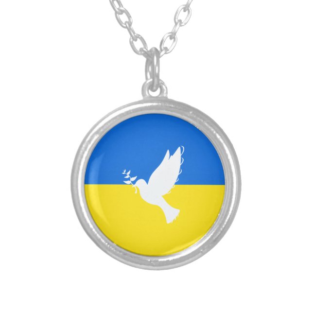 Flag of Ukraine - Dove of Peace - Freedom - Peace  Silver Plated Necklace (Front)