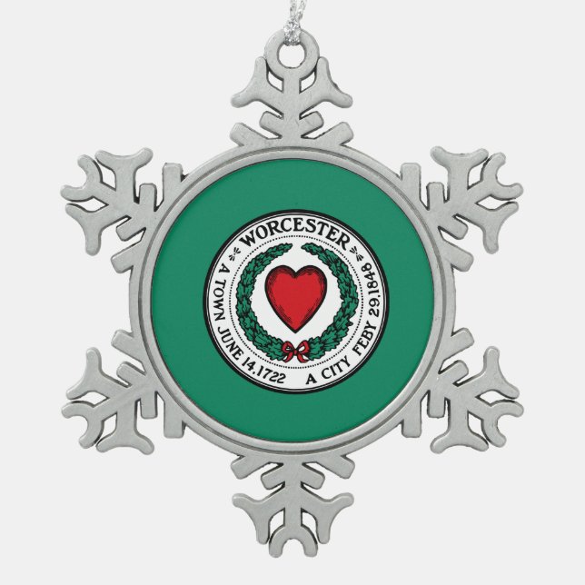 Flag of Worcester, Massachusetts Snowflake Pewter Christmas Ornament (Front)