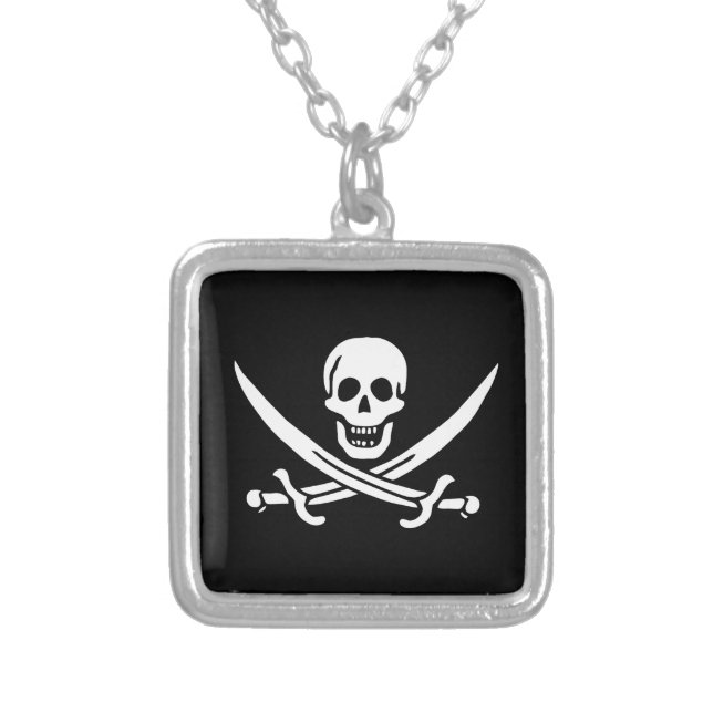 Flag Pirate Jolly Roger Silver Plated Necklace (Front)