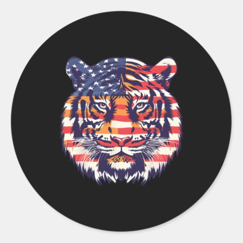 Flag Tiger 4th Of July Funny Animal Face  Classic Round Sticker