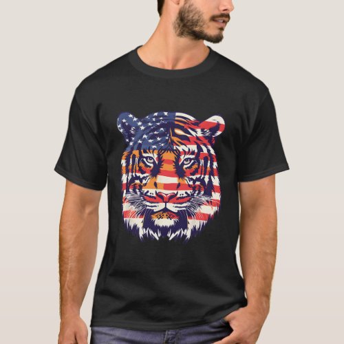 Flag Tiger 4th Of July Funny Animal Face  T_Shirt