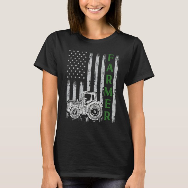 Flag with Tractor  Patriotic Farmer N Farming Trac T-Shirt (Front)