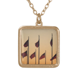 Flags at Sunset American Patriotic USA Gold Plated Necklace