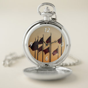 Flags at Sunset American Patriotic USA Pocket Watch