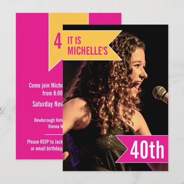 Flags bright pink yellow photo 40th birthday party invitation (Front/Back)