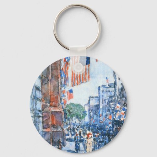 Flags Fifth Avenue by Childe Hassam Vintage Art Keychain