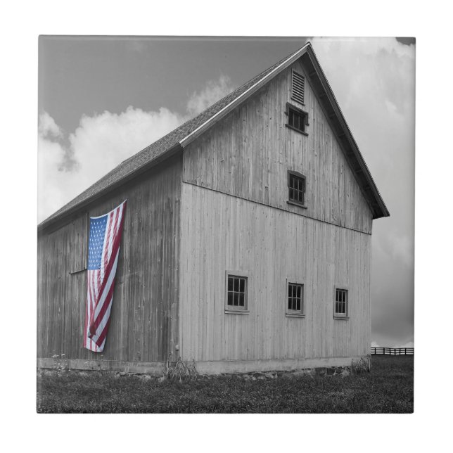 Flags of Our Farmers - Barn with American Flag Ceramic Tile (Front)