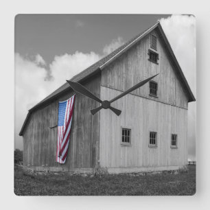 Flags of Our Farmers - Barn with American Flag Square Wall Clock