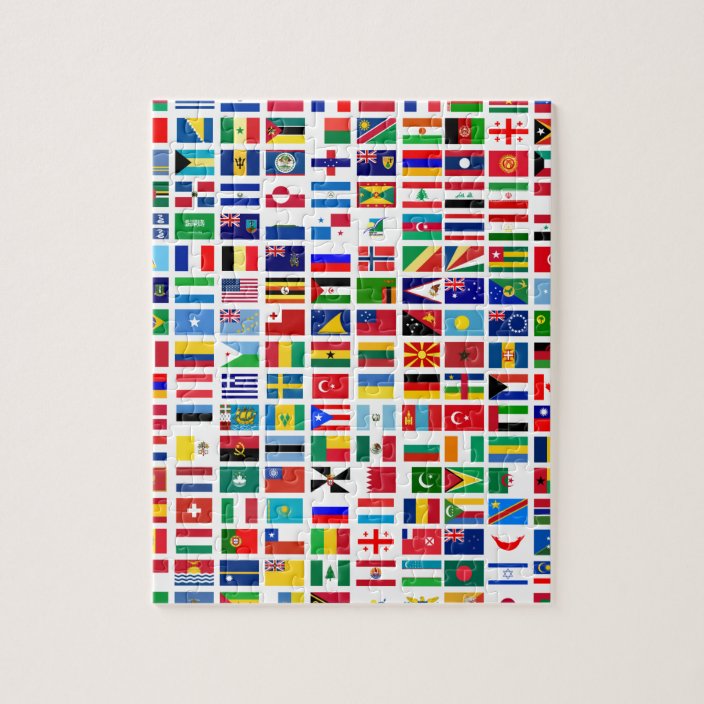 flags of the world against white jigsaw puzzle