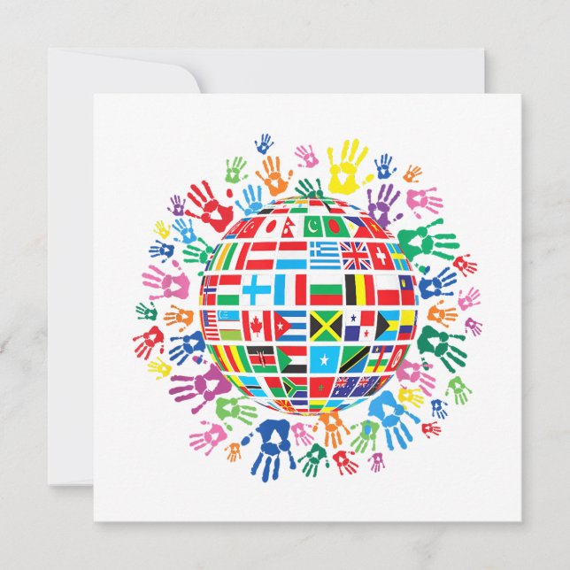 Flags of the World with Colorful Handprints Invitation (Front)