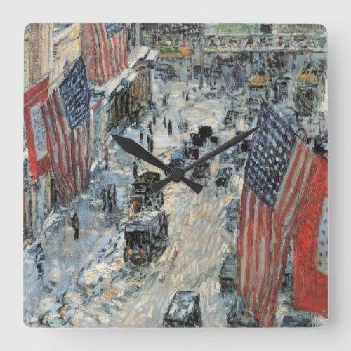 Flags on 57th Street by Frederick Childe Hassam Square Wall Clock