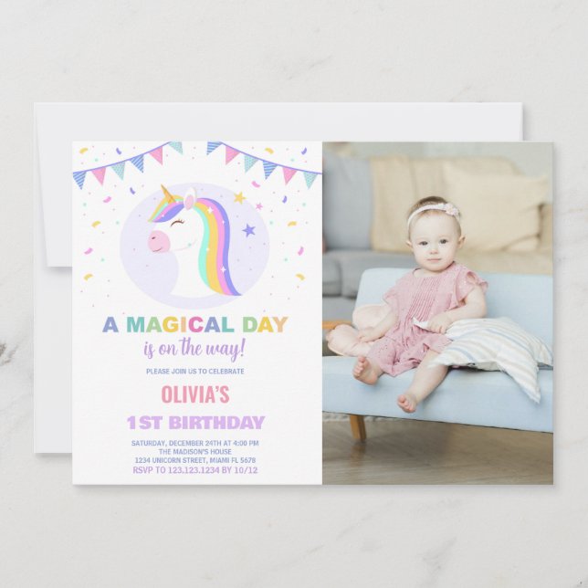 Flags Unicorn Birthday Invitations with photo (Front)