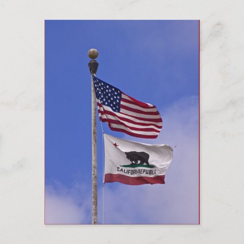 Flags USA and state of California Postcard