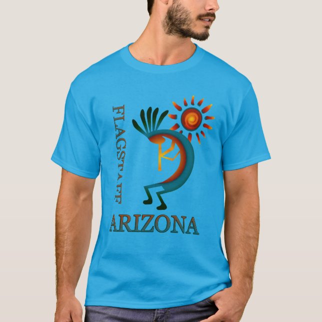 Flagstaff Arizona Kokopelli with Sun Teal T-Shirt (Front)