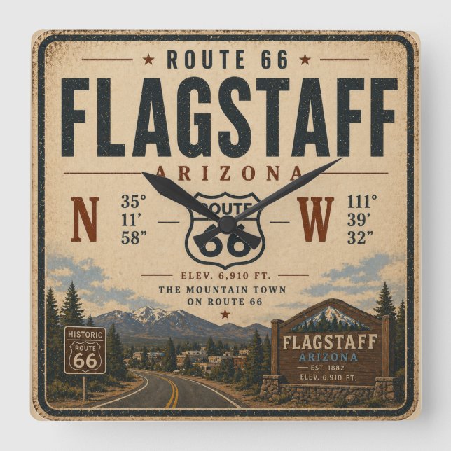 Flagstaff Route 66 Mountain Time Square Wall Clock (Front)