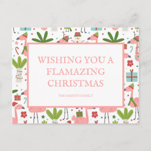 Flamazing Christmas Pink Flamingos White Snowmen Postcard