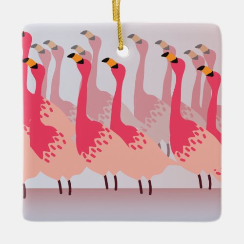 Flamboyance of Flamingos Coral Pink Light Blue Ceramic Ornament