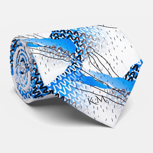 Flamboyant Baby Blue Playful Geometric  Monogram Neck Tie (Rolled)