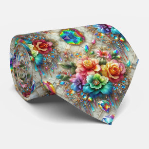 Flamboyant Neck Tie Rainbow Flowers and Diamonds