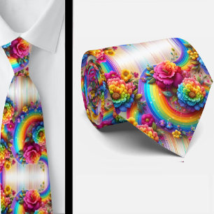Flamboyant Neck Tie Rainbow Flowers Faux Glitter