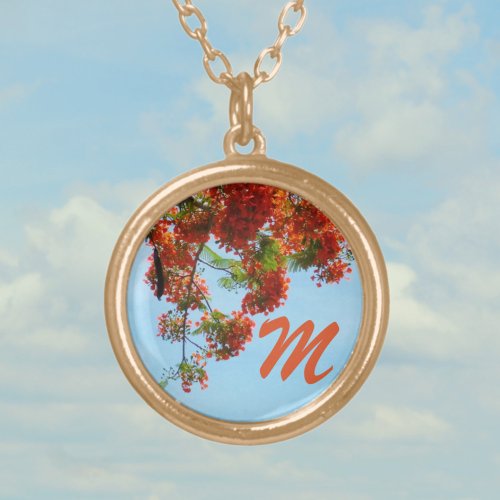 Flamboyant Royal Poinciana Floral Monogrammed Gold Plated Necklace